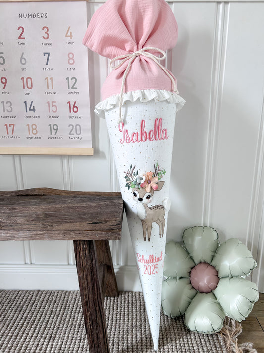 Schultüte - Rehkitz mit Blumenkranz - mit Schulkind 2026